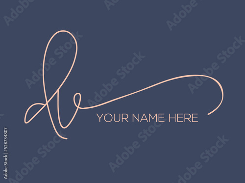 DV monogram logo.Calligraphic signature icon.Lowercase letter d, letter v.Lettering sign isolated on dark background.Wedding, fashion, beauty alphabet initials.Handwritten style characters.