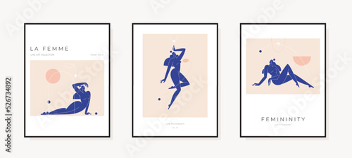 Mid century modern poster collection. Abstract female bodies, woman silhouettes, nude feminine trendy graphic. Contemporary aesthetic, Femininity concept, print set for wall art. Vector illustration