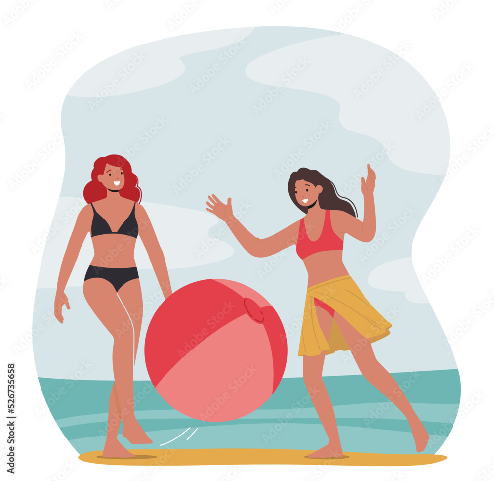 Tanned Girls in Bikini Playing with Big Inflatable Ball during Summertime Vacation. Young Females Spend Time on Beach