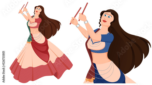 Dandiya girl vector illustration, girl in traditional dress with dandiya sticks, Happy navratri vector.