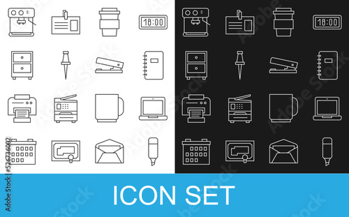 Set line Marker pen, Laptop, Spiral notebook, Coffee cup go, Push pin, Drawer with documents, machine and Office stapler icon. Vector