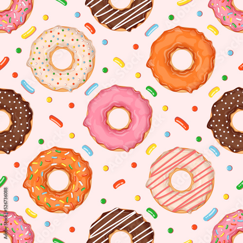 Seamless pattern with donuts of different flavors and toppings. Vector illustration for fabrics, textures, wallpapers, posters, cards. Editable elements.