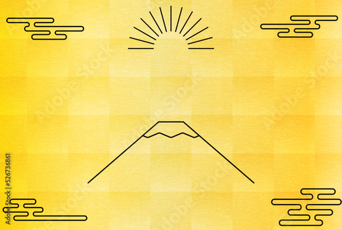 2023年卯年の和風年賀状、富士山と初日の出のシンプルな線画と金箔の背景