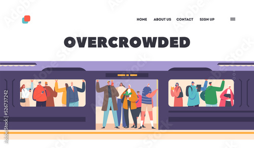 Overcrowded Metro Landing Page Template. Passengers in Underground Transport. Tourists and Citizen Characters In Subway