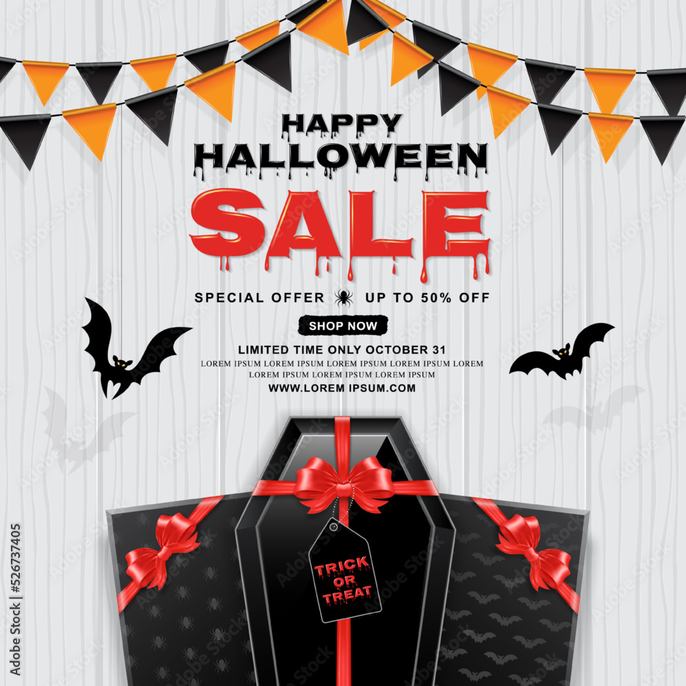 Happy halloween sale trick or treat banner template coffin with red bow, gift boxes and bats on white wooden background decoration for poster, flyer, voucher, web and card vector illustration