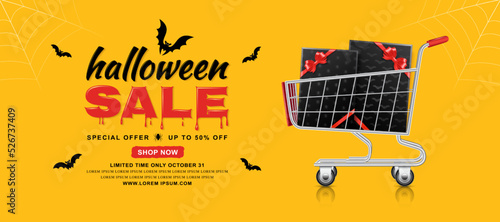 happy halloween sale trick or treat banner template shopping cart with gift boxes, bats and spider web on yellow background decoration for poster, web, coupon, flyer and card vector illustration
