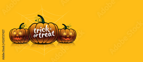 Happy halloween trick or treat banner template pumpkins, bats, flags and spider web on white wood background decoration for poster, web, flyer, coupon and card vector illustration