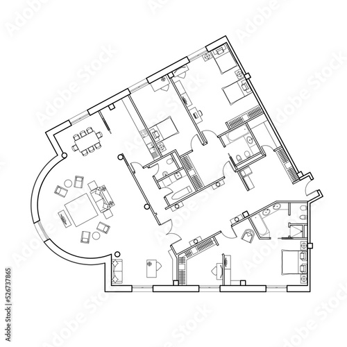 Architectural floor plan of the apartment. Technical drawing. Top view with a set of furniture and plumbing equipment.