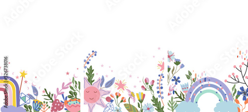 Beautiful of greeting cards with colorful flowers and leaves, rainbows, sun and other. Magical illustrations for your as creating card, banner, birthday and other holidays.Vector