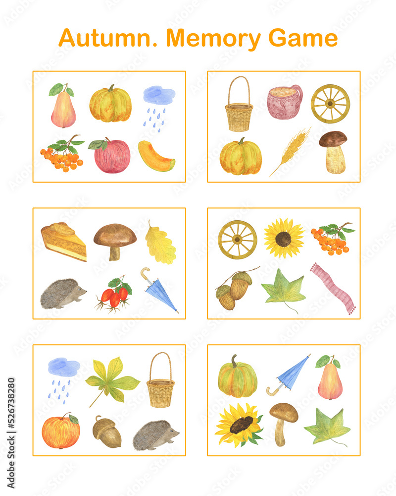 Memory game autumn holiday, Thanksgiving English vocabulary learning printable flash cards, educational topical worksheet for kids, kindergarten, pre-school or leisure activity, teacher resources