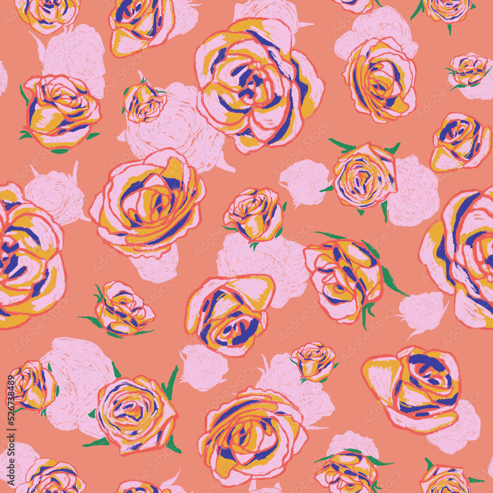 Floral seamless pattern. Stylized flowers. Hand drawn blooming roses on colorful background. Floral seamless pattern. Stylized flowers. Hand drawn blooming roses on colorful background.