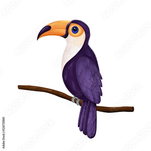 Cute illustration of a tropical toucan bird on a branch for advertising, children book, postcards, posters and more.