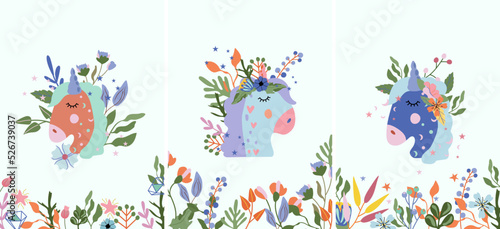 Fantastic Head portrait Unicorn with colorful flowers and leaves. Poster with magical head horse can be used as creating card, banner, birthday and other holidays. Vector illustration.