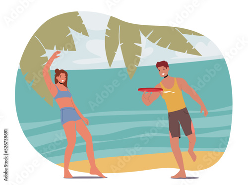 Summer Beach Leisure and Activities. Male and Female Characters Spend Time on Exotic Resort, Girl and Man Throwing Disk