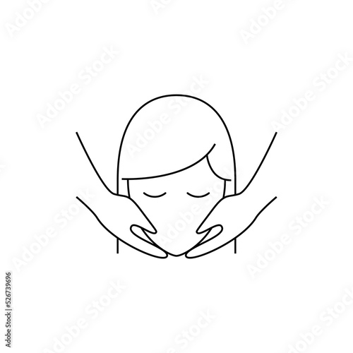 Face massage line icon. Woman, customer, hands touching face. Beauty care concept. Vector illustration can be used for topics like cosmetology, skin care, spa salon