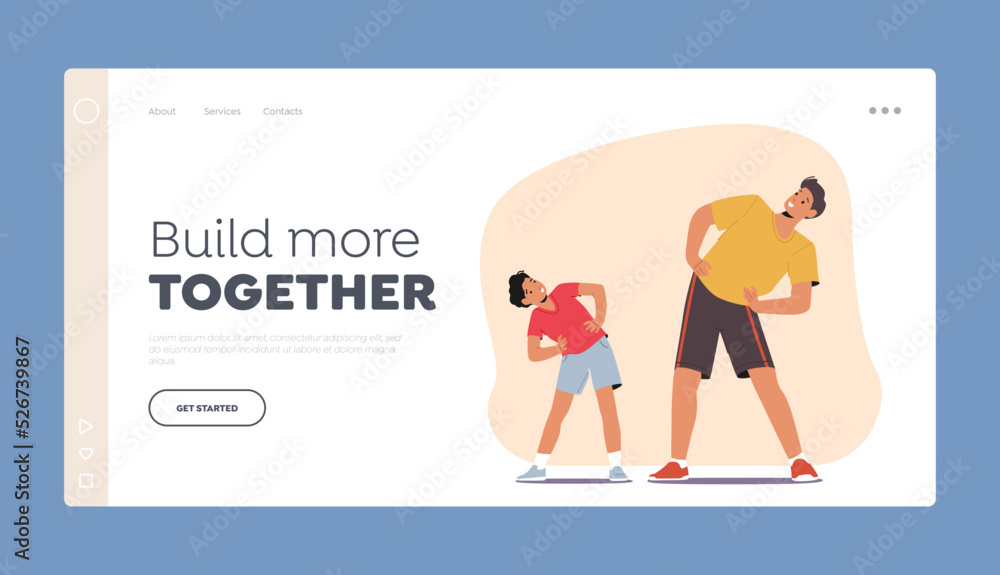 Family Sport Exercises Landing Page Template. Young Athlete Man and Boy Characters Doing Fitness or Aerobics Family Sport Exercises Landing Page Template. Young Athlete Man and Boy Characters Doing Fitness or Aerobics