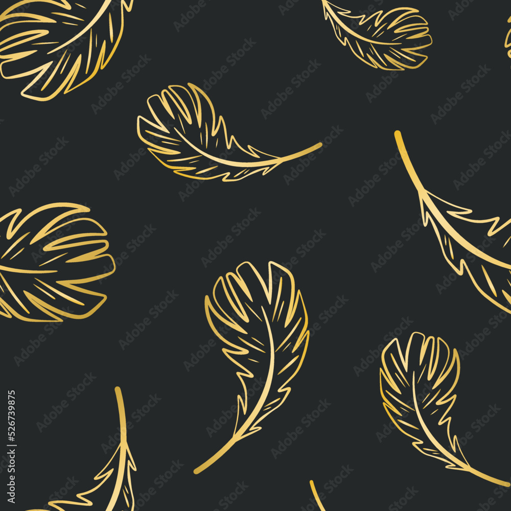 Black background with golden soaring feathers. Seamless pattern contour feather. Print for textiles, packaging, design and wallpaper. Beautiful dark repeat template
