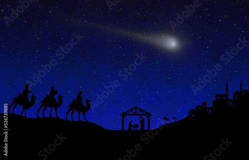 Christmas Nativity Scene black silhouette on blue background