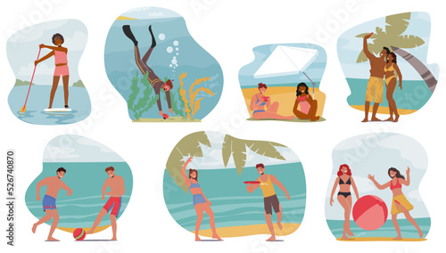 Set of People Beach Activities and Fun. Characters Riding Sup Board, Diving, Eating and Making Selfie, Playing Ball