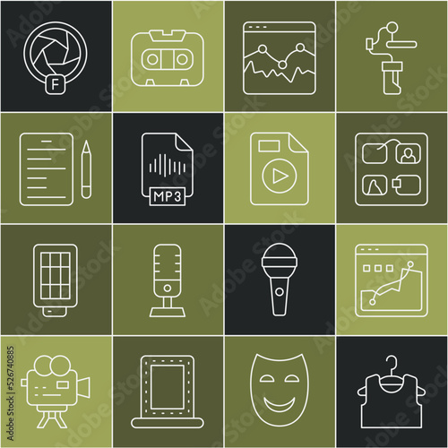 Set line Sleeveless T-shirt, Histogram graph photography, Storyboard, Music wave equalizer, MP3 file document, Scenario, Camera shutter and AVI icon. Vector