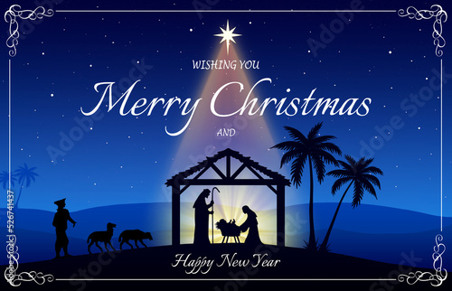 Chritmas Nativity Scene greeting card on blue background