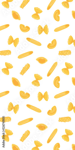 Pasta lover phone graphic background. Italian pasta types. Penne, farfalle, fusilli, shell, swirl shape. Food wallpaper.