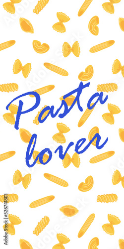 Pasta lover phone graphic background. Italian pasta types. Penne, farfalle, fusilli, shell, swirl shape. Blue text. Food wallpaper.
