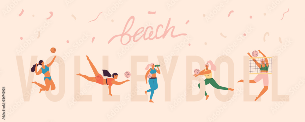 Beach volleyball players in dynamic poses and lettering beach volleyball. Volleyball banner concept for professional or amateur school. Vector illustration of summer hawaiian banner.