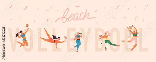Beach volleyball players in dynamic poses and lettering beach volleyball. Volleyball banner concept for professional or amateur school. Vector illustration of summer hawaiian banner.