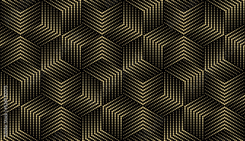 Abstract geometric pattern with stripes, lines. Seamless vector background. Gold and black ornament. Simple lattice graphic design
