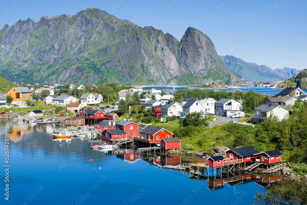 Fishing village with traditional red rorbu in Reine, Lofoten, Norway