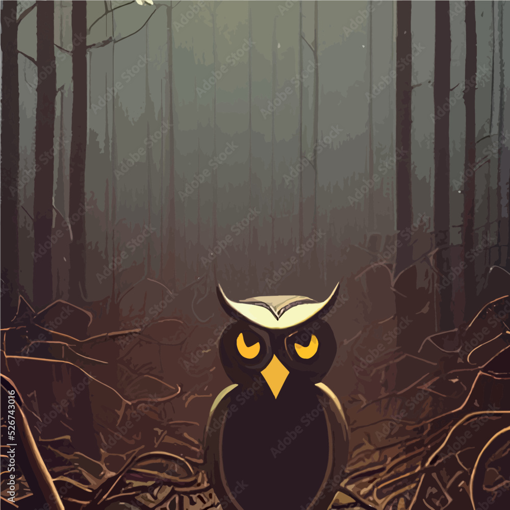 Owl. Realistic bird on dark moon forest background. Dark night ...