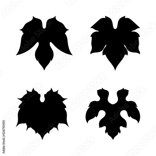Collection of black stylized grape leaves on a white background. Stylized logos of grape leaves