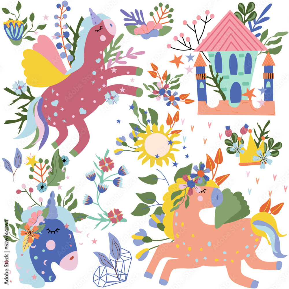 Magical colorful Unicorns with flowers and leaves, cartoon castle, sun and other. Fairy horses in different poses. Cute compositions perfect for greeting cards, postcard, banner. Vector.