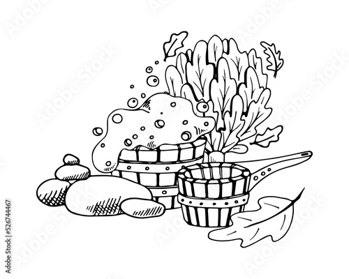 Sauna Doodle Set. Hand drawn bathing accessories. Vector outline illustration