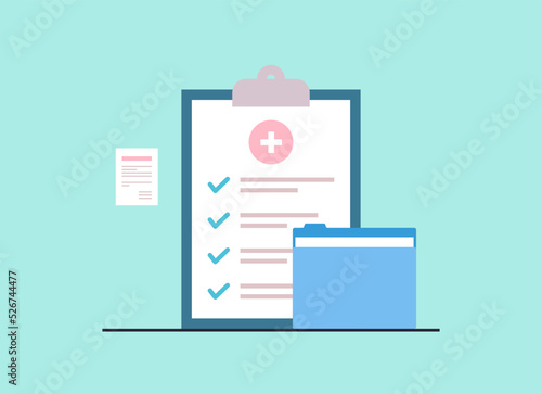 Hospital patient registration paper and medical checklist concept flat vector illustration.