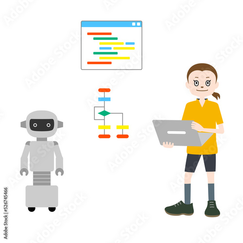ロボットの動きをプログラミングするこどものイラスト（白背景・ベクター・切り抜き）