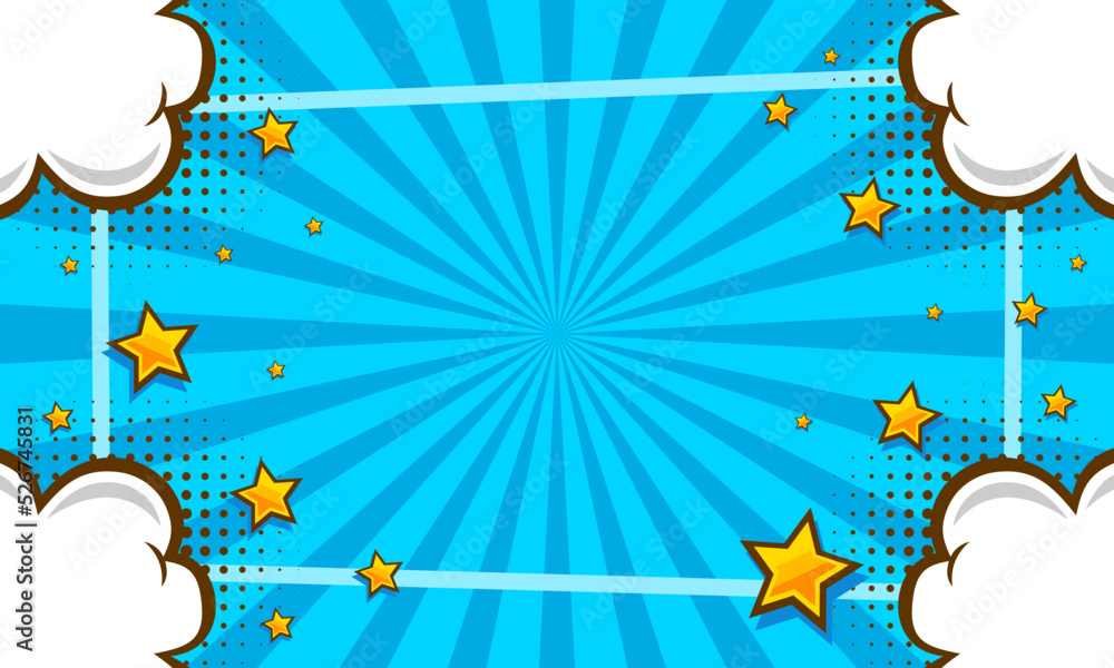 Naklejka premium Comic pop art blue background with cloud and star illustration