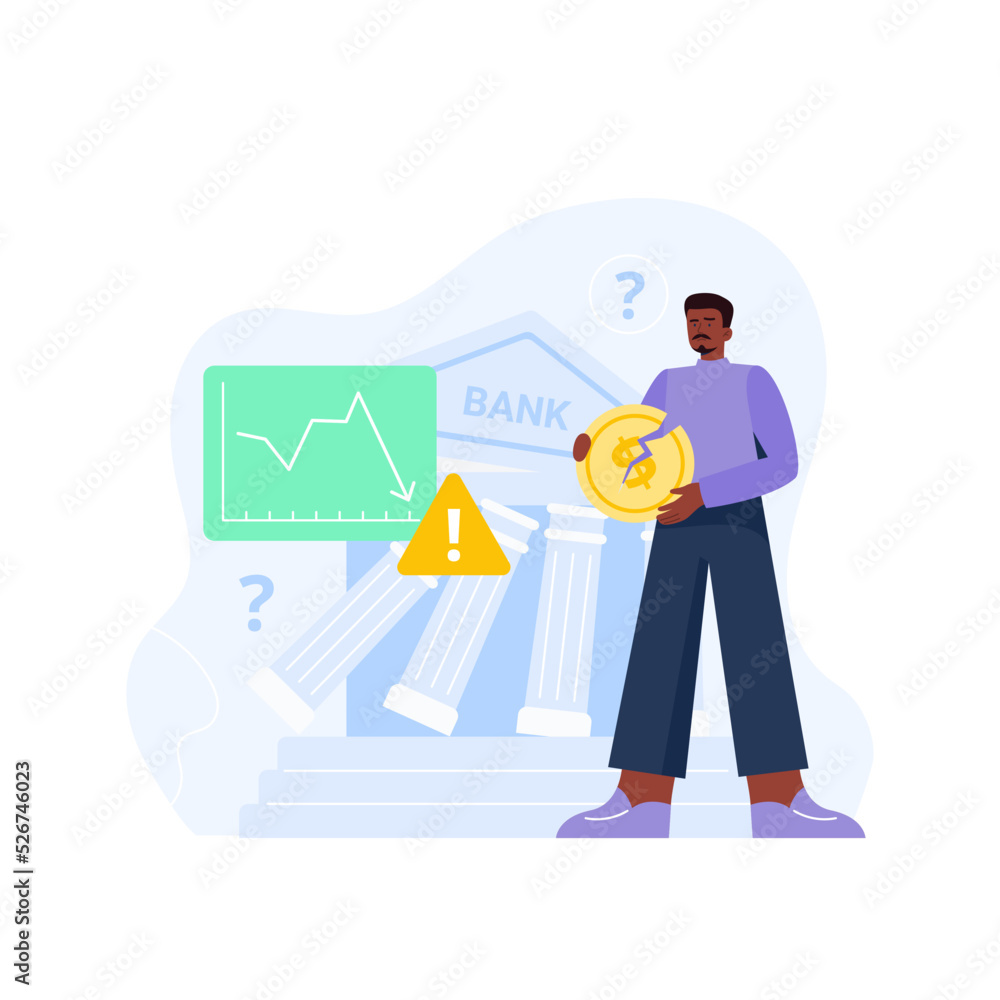 Bank collapse concept. The financial crisis, economic recession, bankruptcy, depression. A man loses his savings and has no money. Vector flat illustration isolated on the white background. Bank collapse concept. The financial crisis, economic recession, bankruptcy, depression. A man loses his savings and has no money. Vector flat illustration isolated on the white background.