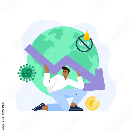 World economy crash concept. A person tries to stop the collapse. Coronavirus pandemic, wars, and conflicts in the world. Vector flat illustration isolated on the white background.