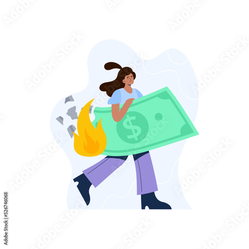 Inflation concept. The financial crisis, decrease the value of the currency. A woman loses investment due to inflation. Vector flat illustration isolated on the white background.
