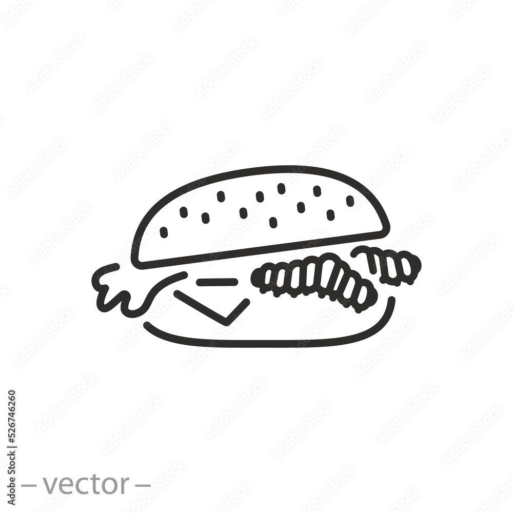 burger with mealworms icon, food of larvae or caterpillar, eat insect, thin line symbol on white