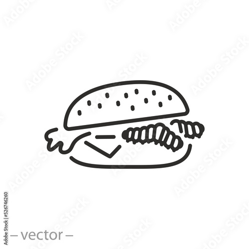 burger with mealworms icon, food of larvae or caterpillar, eat insect,  thin line symbol on white background - editable stroke vector illustration photo