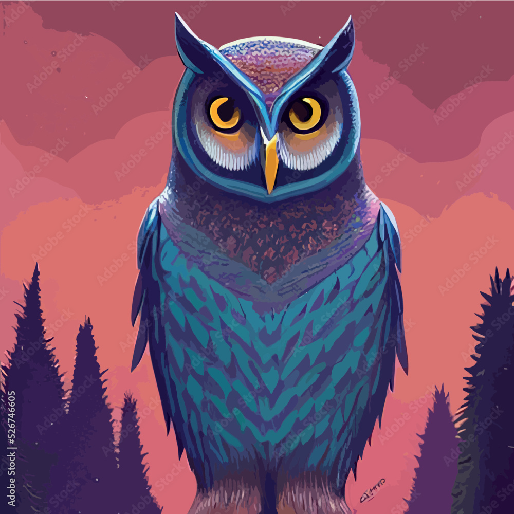 Owl. Realistic bird on dark moon forest background. Dark night ...