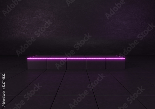 Black stone cubic podium with purple light glow, in dark room. 3d render illustration.