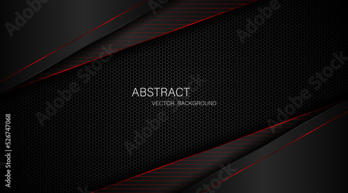 Abstract black and red polygon with red glow lines on dark steel mesh background with free space for design. modern technology innovation concept background
