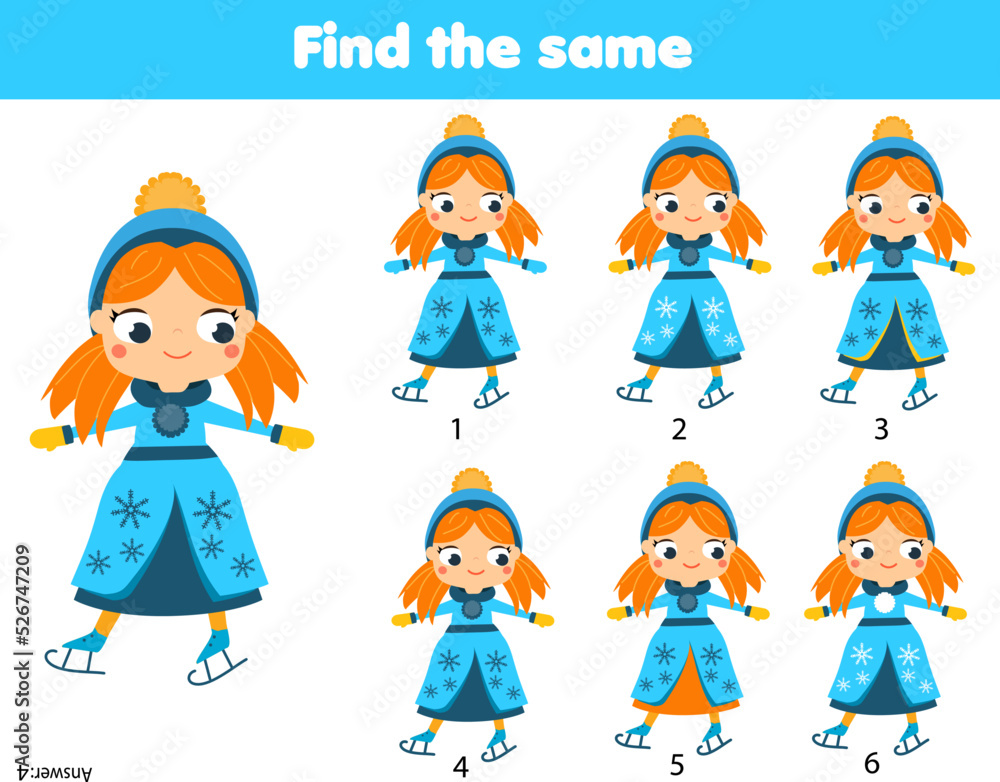 Children educational game. Find two same pictures of cartoon winter girl on skates