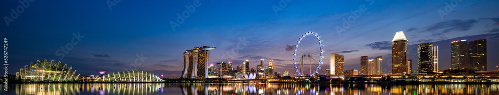 Panoramic view of Singapore Marina Bay area and CBD district at Magic hour.