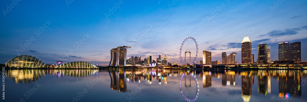 Panoramic view of Singapore Marina Bay area and CBD district at Magic hour.