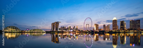 Panoramic view of Singapore Marina Bay area and CBD district at Magic hour.